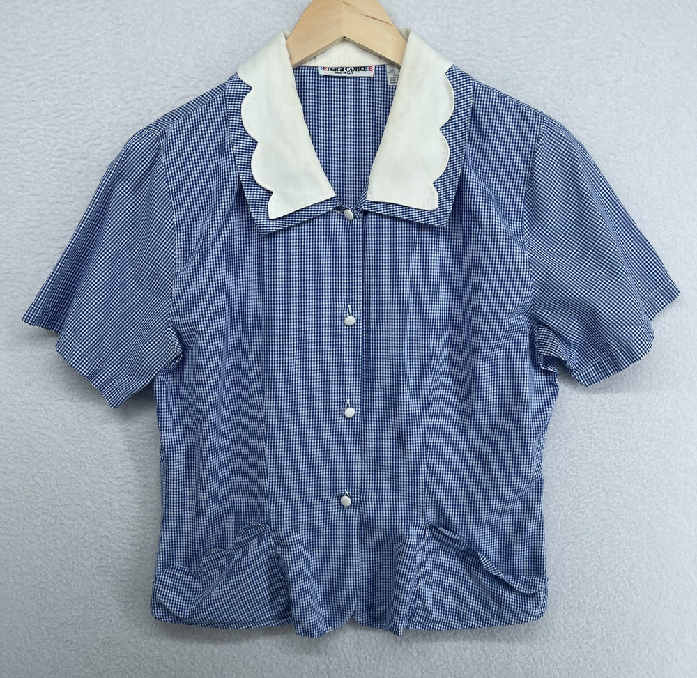 NARA CAMICIE Top I M Gingham Check Cottagecore Scallop Collar Button Up Blue VTG